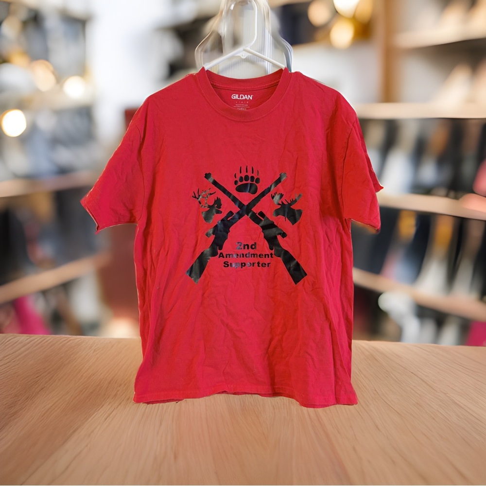 Gildan Adult Red Tee with Black Vinyl Graphic.